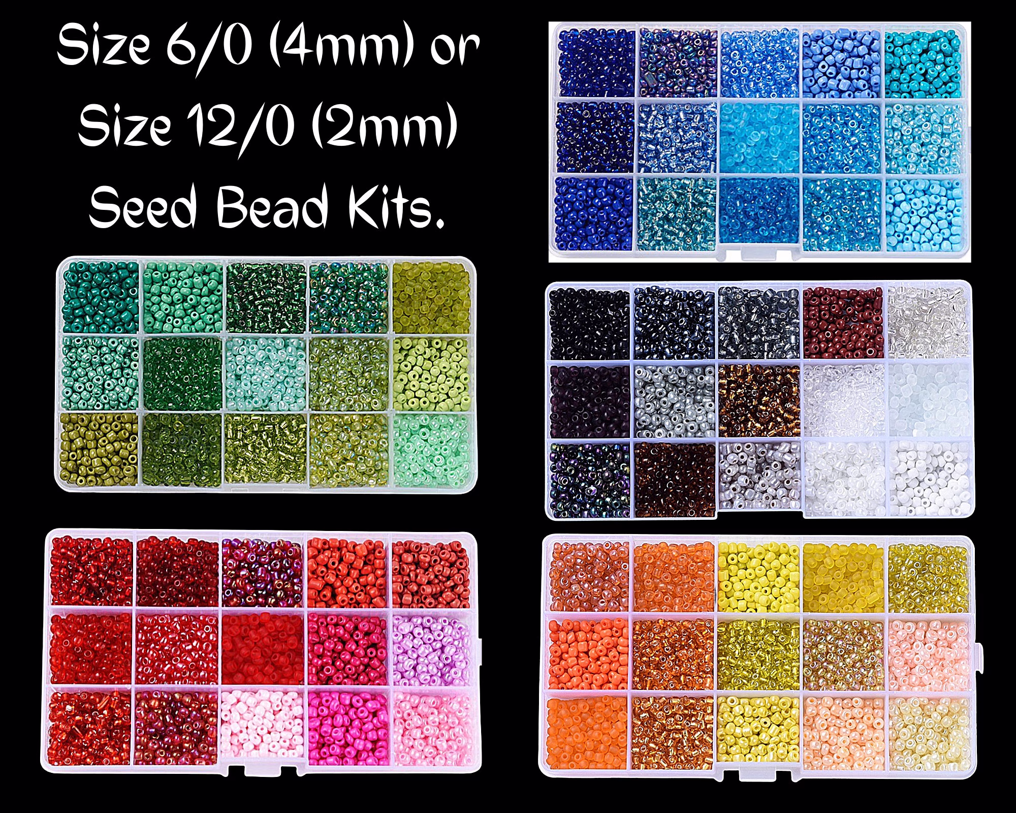 15 Mix Color Glass Seed Bead Kit, Size 6/0 Or 12/0, 2 4mm, 2400~27000, Diy, Kid's Crafts, Green Pink Yellow Black Brown White Clear Blue