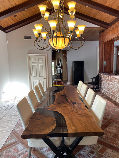 Walnut Dining Table, Clear Epoxy Custom 115" X 36" Smokey Gray River Order For Dave & Vero
