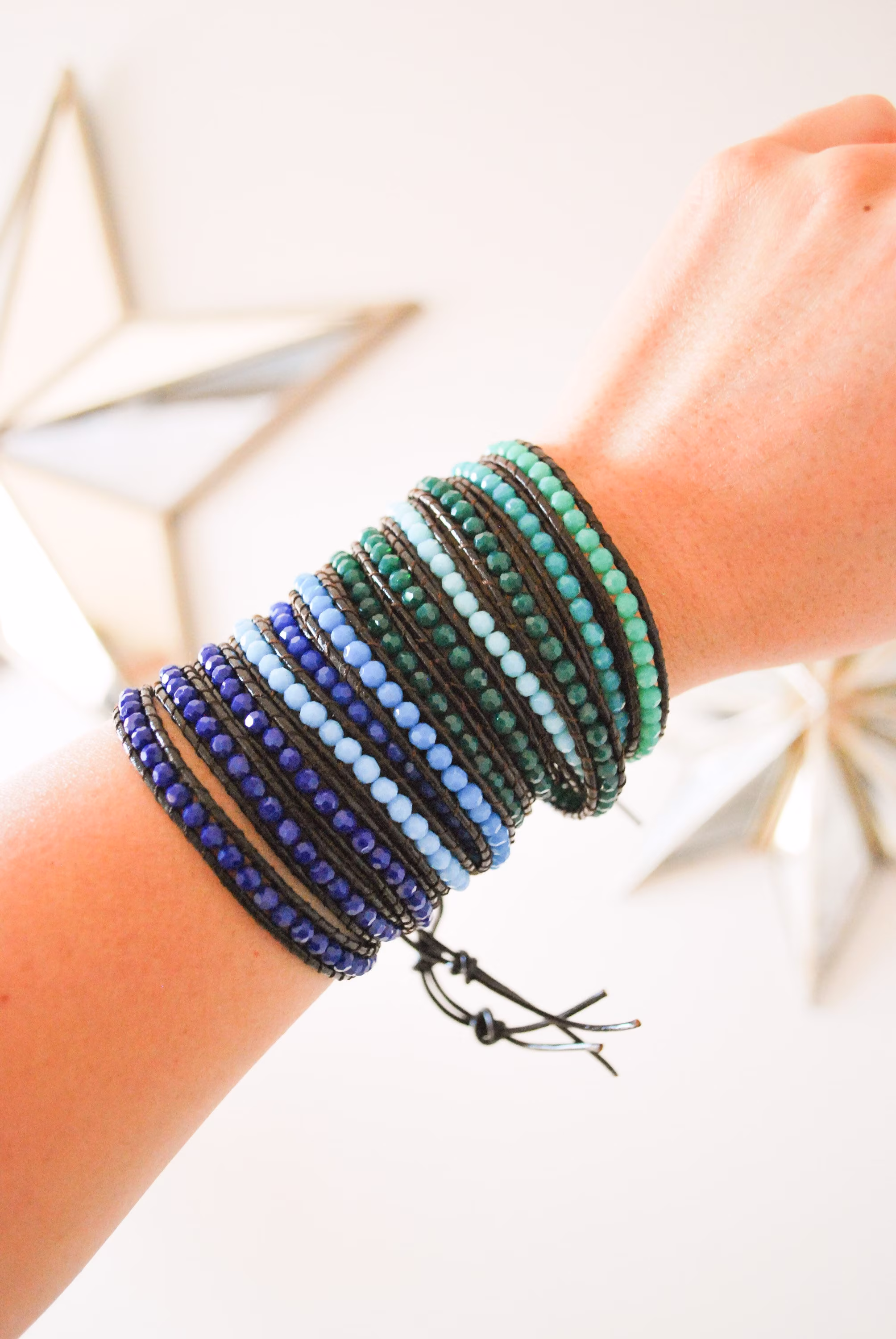 Wrap Bracelet, Leather Bracelet, Gemstone Bracelet, Beaded Bracelet, Boho Jewelry, Blue Bracelet, Green Bracelet, Crystal Bracelet