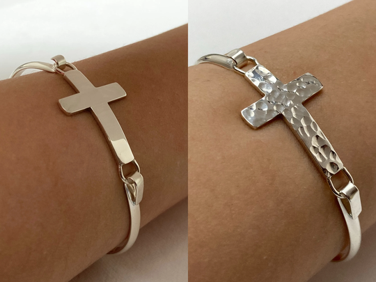 Sterling Silver Cross Bangle Bracelets, Two Styles To Choose From, Christian Jewelry, Hammered Finish, Smooth Finish