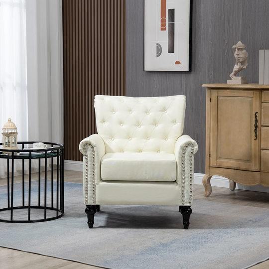 Linen Upholstered Lounge Armchair Chair with Tufted Back Wood Legs