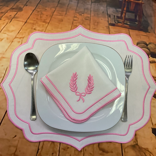 Table Mats & Napkins With Double Pink Scalloped, Wreath Embroidery, Linen Comb For Table Decor 15x18" White Place
