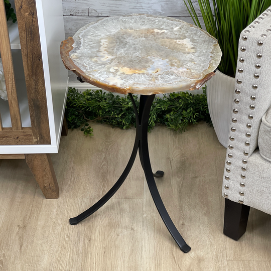 Natural Brazilian Agate Side Table, Single Slice On A Black Metal Base, 22" Tall #1306-0031 By Brazil Gems