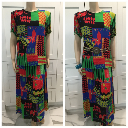 1980's Festival Boho Color Block Ethnic Skirt Set, Colorful 80's Clothes, Style, Fashion, Festival Tropical Wear
