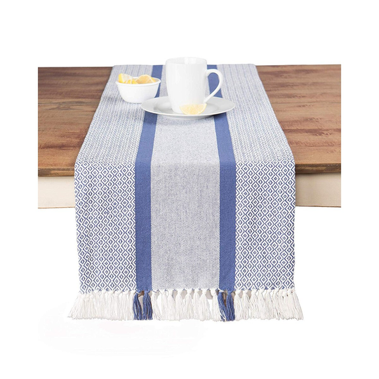 Cotton Woven Table Runner with Fringe, Traditional Diamond, Blue, 14 in x 72 in