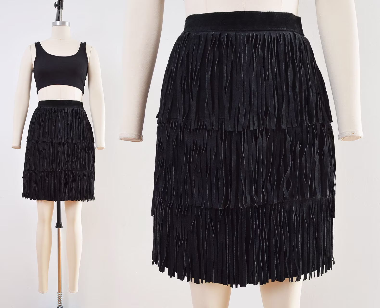 Black Suede Skirt | Vintage 80S 90S Fringe Leather Mini Length Pencil Small