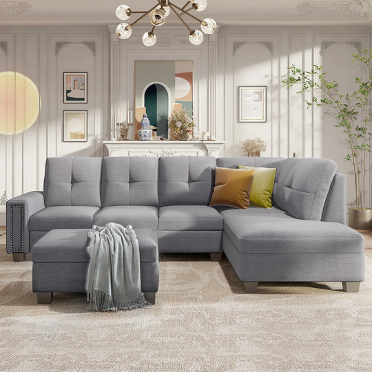 Reversible L-shape Sectional Sofa with Storage Ottoman Rivet Ornament