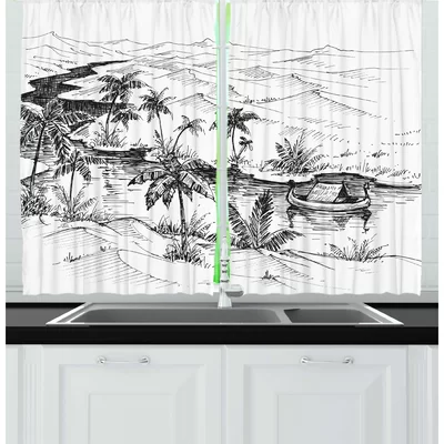 2 Piece Oasis Pencil Drawn Sketchy Scenic Illustration of a Boat Floating in a River Kitchen Curtain Set
