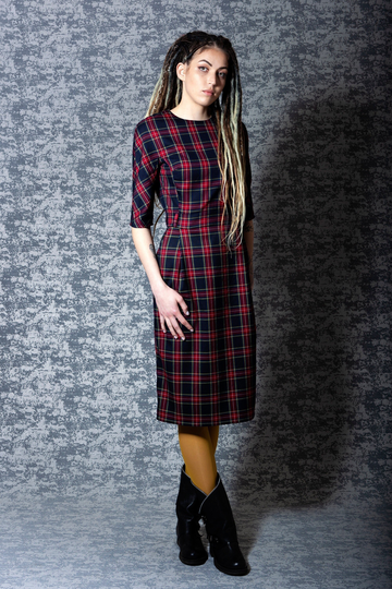 Black Plaid Pencil Dress With Pockets. Casual Tartan Knee Length. Midi For Office