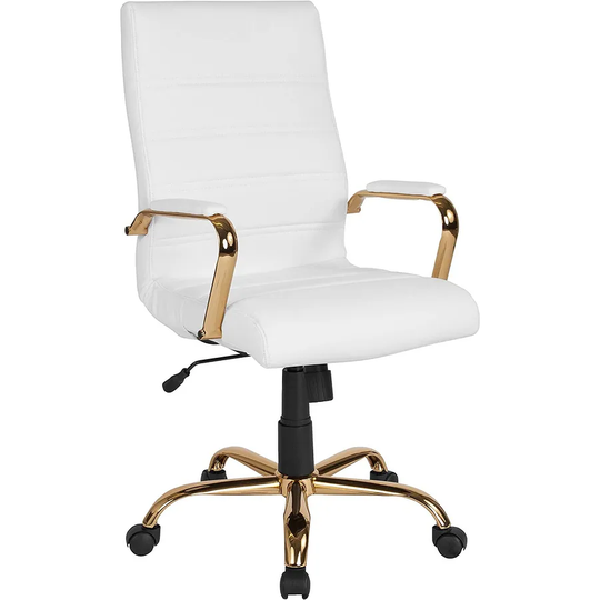 High Back Desk Chair - White LeatherSoft Swivel Office Chair with Gold Frame - Swivel Arm Chair
