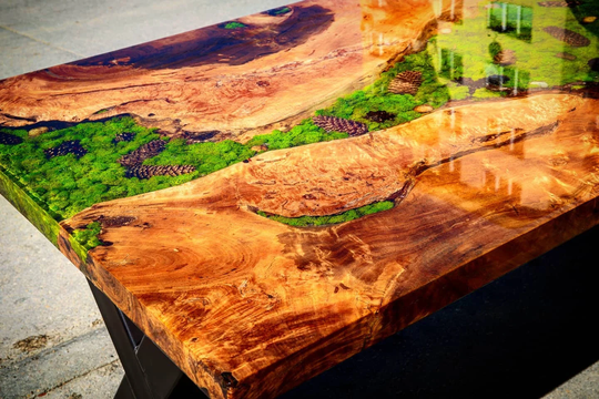 Forest Tables, Dining Nature Epoxy Resin Rectangular White Poplar Moss, Cones, Snail Shells Tables