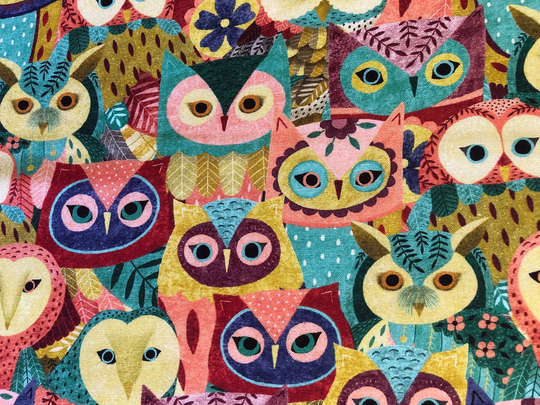 Multicolored Owl Family Quilting Cotton Fabric By 1/4 Or 1/2 Yard, Fat Quarter