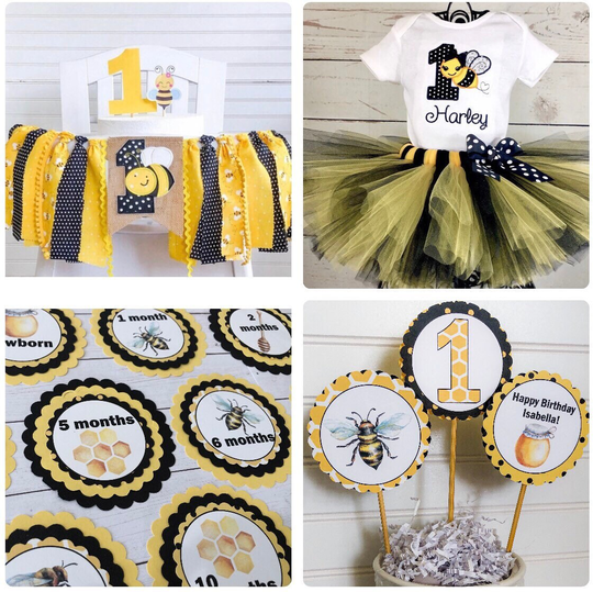 Honey Bee Birthday High Chair Banner, Fabric Cake Topper, 1st Smash, Monthly Centerpiece