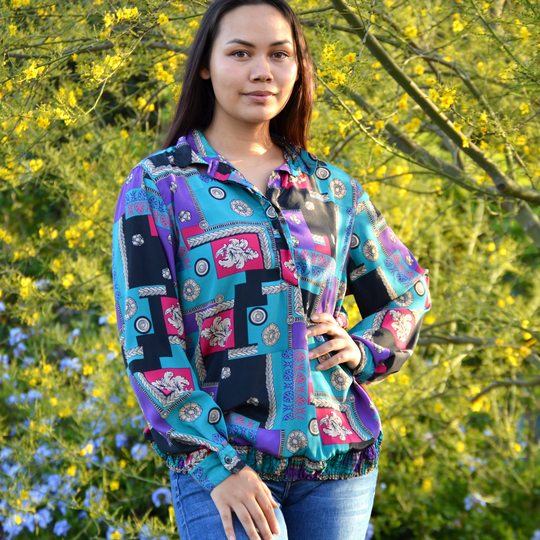 Abstract 1980S Collared Long Sleeve Blouse With Turquoise Purple & Black Squares Fleur Patterns Gaudy 80S Shirt Size Medium Large