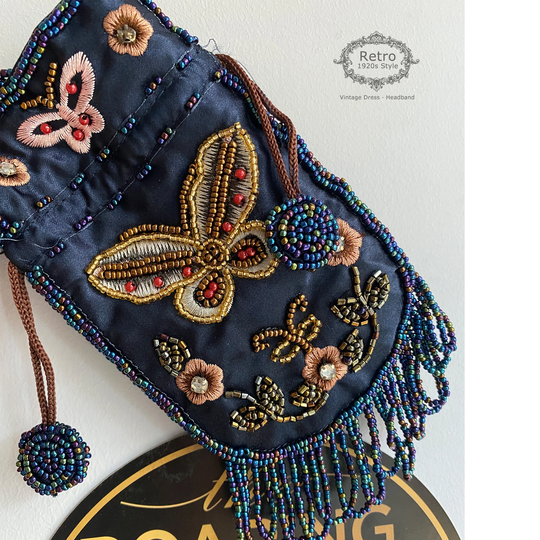 1920S Vintage Gatsby Small Beaded Floral Butterfly Fringe Bag