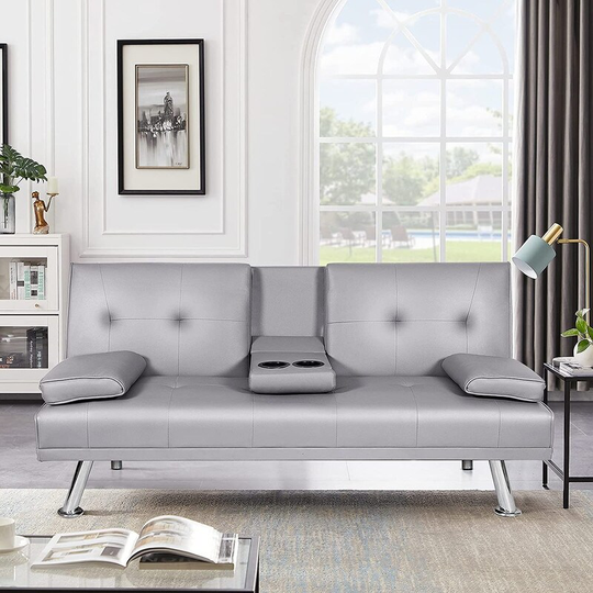 Modern Faux Leather Sofa, Futon Sofa Bed Convertible Recliner Lounge Futon Couch With 2 Cup Holders and Metal Legs
