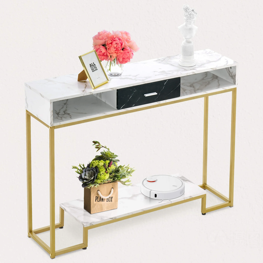 Mcombo Console Table with Drawers, Gold Entryway Table with Shoe Storage, Narrow Long Sofa Tables