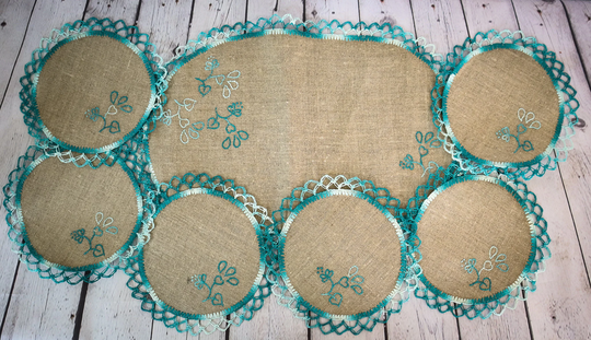 Embroidered Linen Table Decor | Centerpiece & Coasters Ecru Khaki With Green Edge