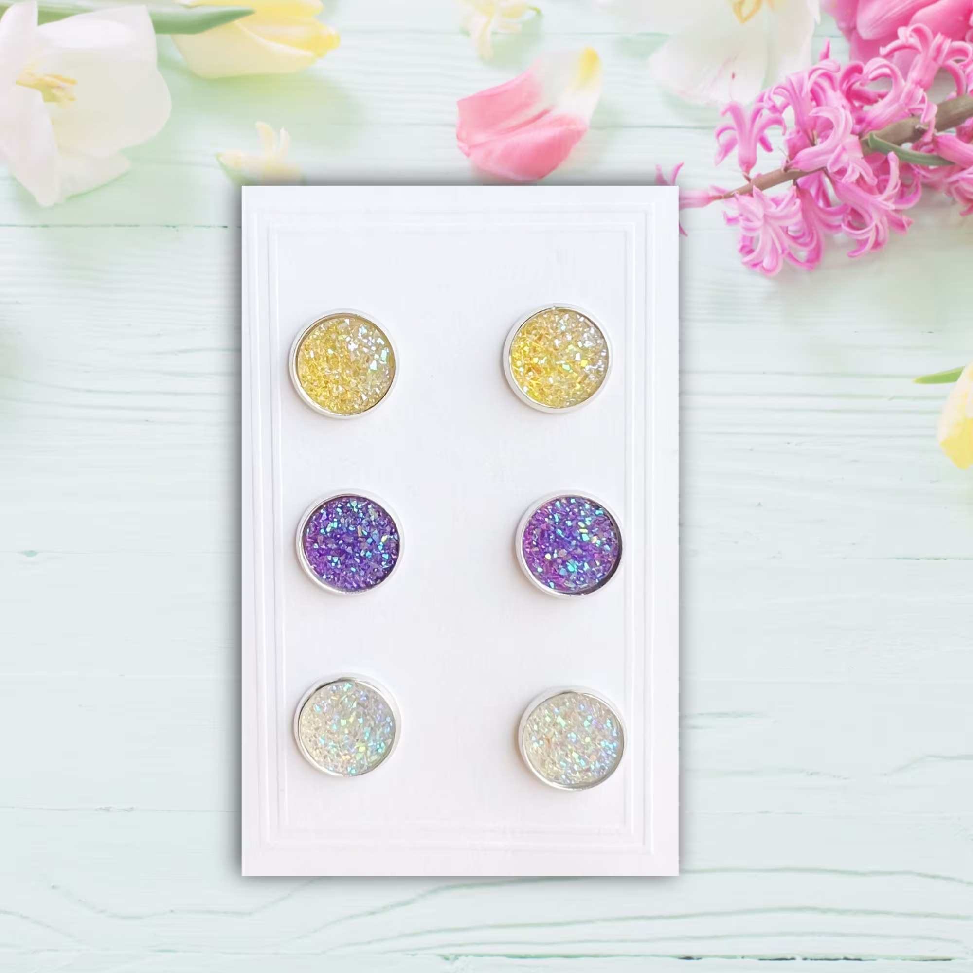 Colorful Faux Druzy Earring Set, 14mm Round Stainless Steel Stud Post, White, Purple, Yellow, Bridal Jewelry, School Colors