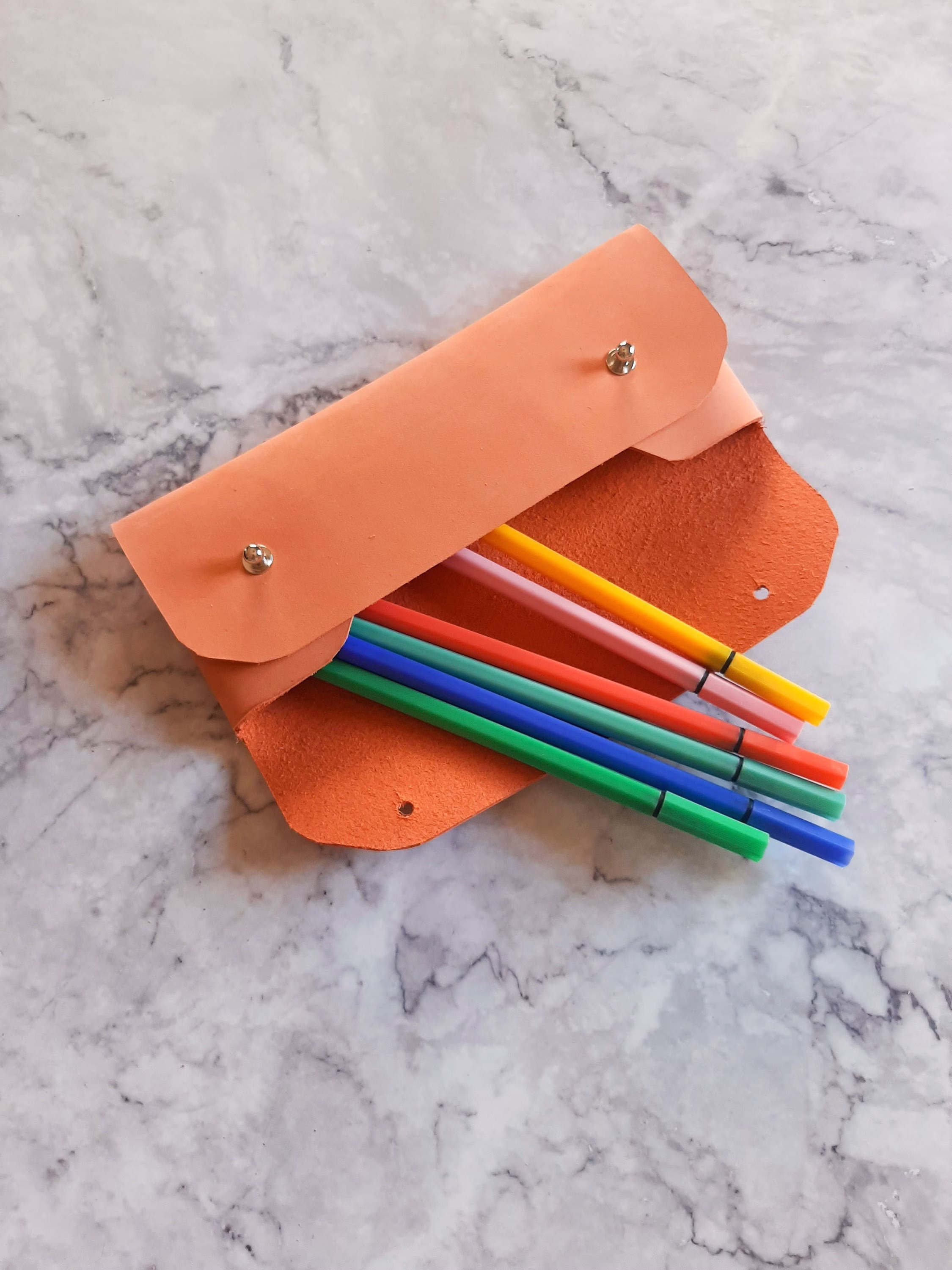 Peach Leather Pen Case/Nubuck Pencil Pastel Orange Makeup Bag Christmas Gift