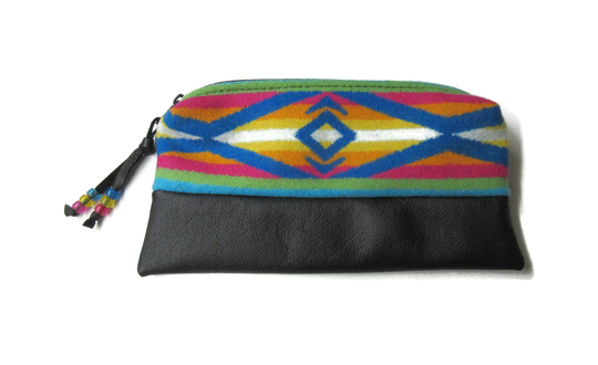 Large Leather Zippered Pouch Pencil Case Cosmetic Bag Make Up Clutch Purse Wool From Pendleton Woolen Mills Beaded Zipper Pull
