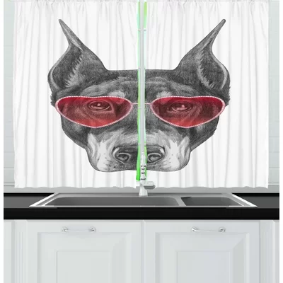 2 Piece Sunglasses Cool Pattern of a Doggie in Heart Shaped Shades Pencil Drawn Artwork Kitchen Curtain Set