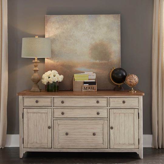 Farmhouse Reimagined Antique White with Chestnut Door Credenza