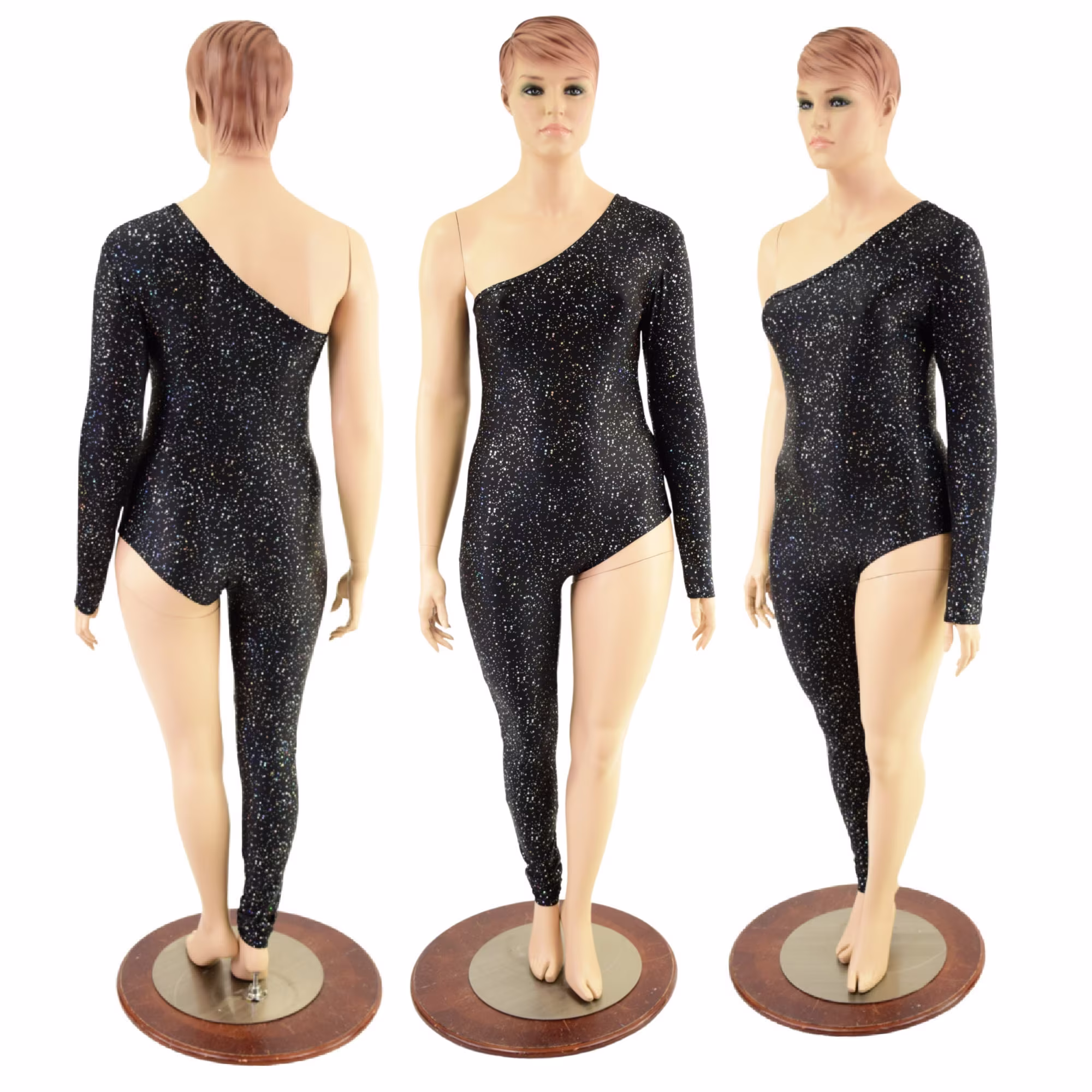 star Noir One Shoulder Long Sleeve Catsuit With One Leg. Siren Cut Left Side, Sleeveless Right Side. 157625