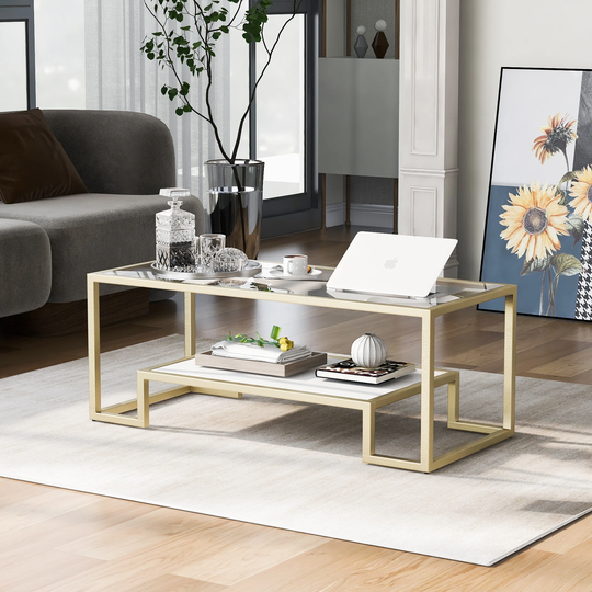 2-Tier Cocktail Tables Living Room Tempered Glass Coffee Table
