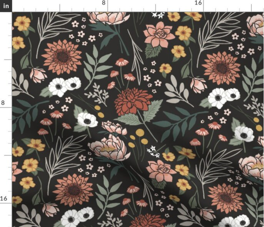 Maya Boho Floral Fabric By The Yard | Blossom Dark Florals Made To Order Organic
