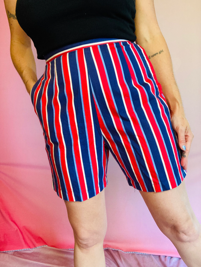 Vintage 60S Mod Red, White Blue Striped High Waisted Pencil Shorts With Side Zip 28" Waist