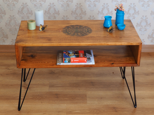Side Table Made Of Pine Wood - Natural Colour Coffee Table- Shelf -End Modern Boho Furniture-Hairpin Legs