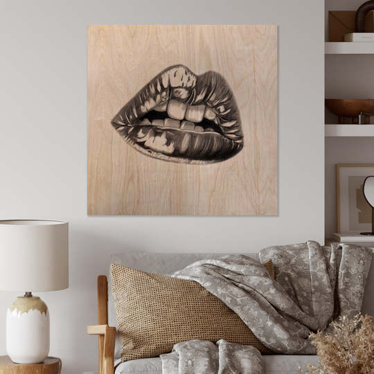 Designart 'Female Lips With Black Pencil' Glam Wood Wall Art Panels - Natural Pine Wood