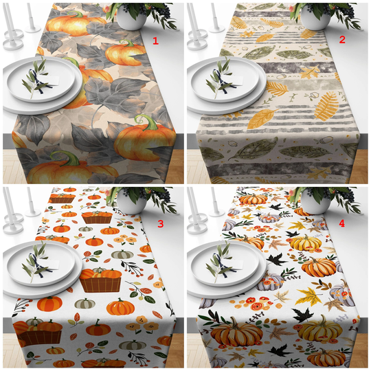 Fall Trend Table Runner, Dry Leaf Orange Pumpkin Tablecloth, Deer Print Top, Autumn Kitchen Housewarming Gift