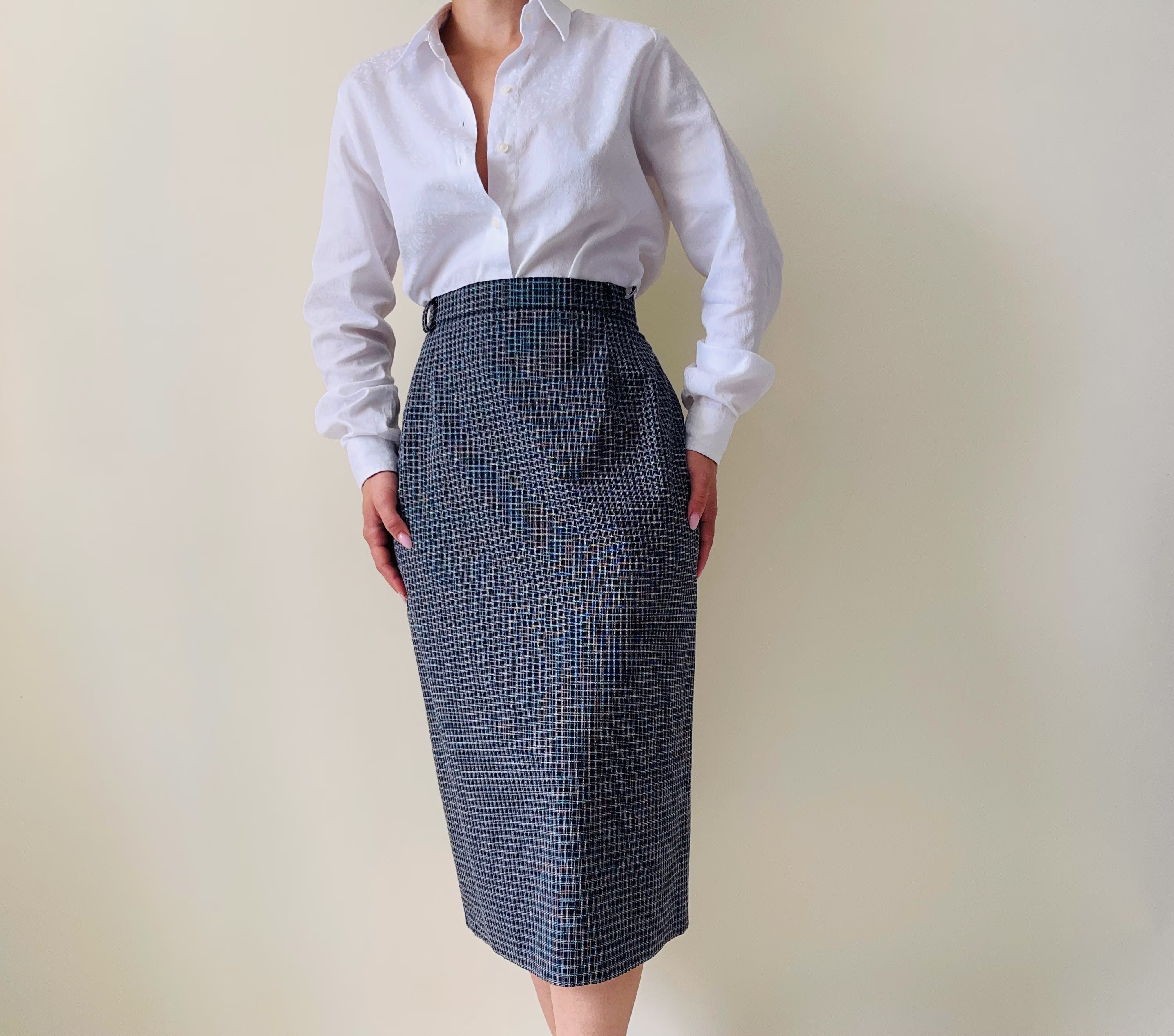 Vintage Black Plaid Pencil Skirt, Office Form Fitted Midi Skirt
