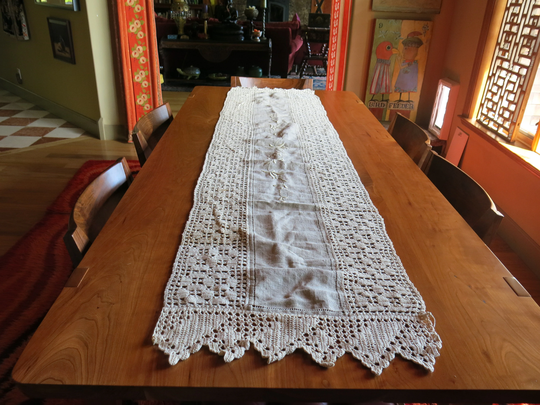 Embroidered Linen Table Runner Dresser Scarf Arts & Crafts Natural Color 90" Antique