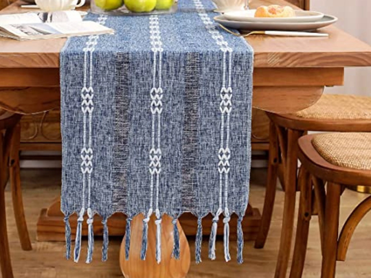 Dusty Blue Table Runner, Cotton Linen Decor Runners Lone Boho Braided Strip Fall Decoration For Dining Party Holiday Farmhous