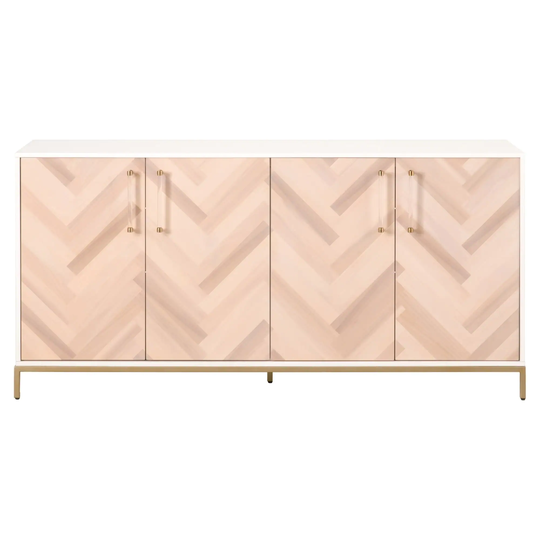 Herringbone Wooden Sideboard with 4 Doors and Metal Base, Brown and White