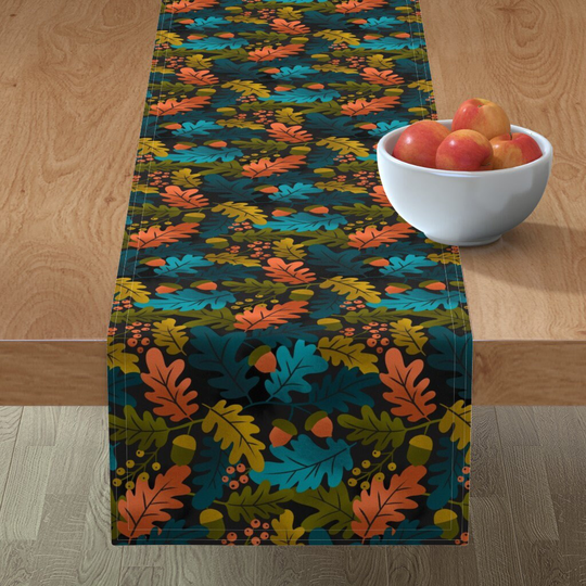 Oak Leaves Table Runner - Autumn By Laura May Designs Berry Acorn Leaf Blue Cotton Sateen Spoonflower