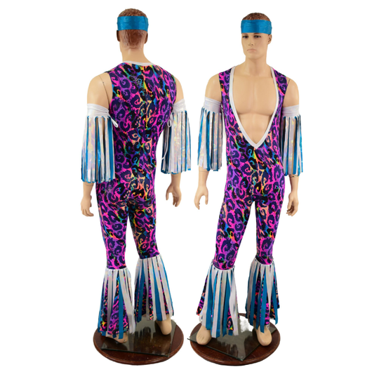 Mens Wrestling Costume in Rainbow Leopard With Plunging V Neckline, Gladiator Fringe, Armbands & Headband Emk157720