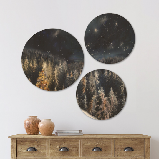 Designart 'Night Forest Christmas Tree' Landscape Wood Wall Art Set of 3 Circles - Multi-Color