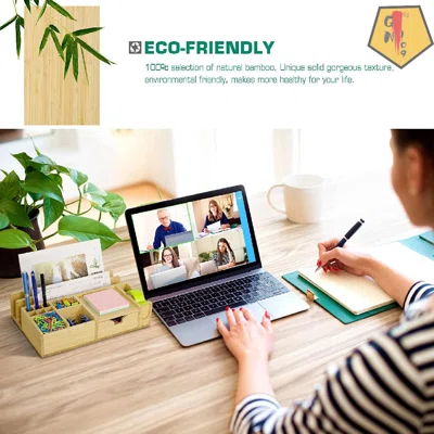 Bamboo Desk Organizers With Sliding Drawer, Multifunction Desktop Organizer For Office Supplies, Pen Pencil Holder, Tape Dispenser, Sticker Tray, Note