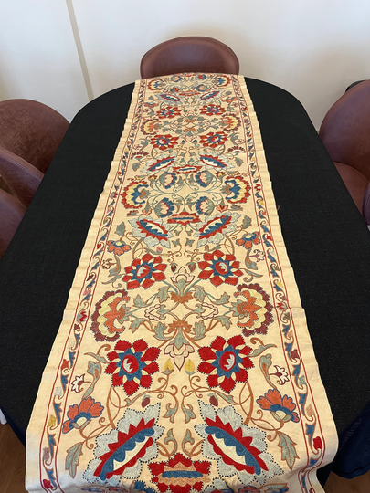 Embroidered Suzani Table Runner Bohemian Decor Red Orange Blue 72"x18" | 185x45cm Eclectic Silk Lumbar Home Decoration