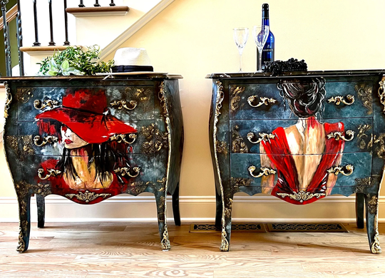 Pop Art Accent Tables | Sultry Lady Furniture Textured Blue Red Pair Small Painted Dressers