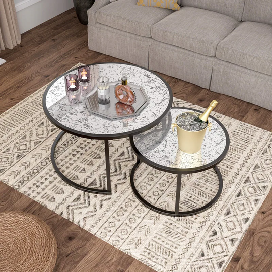 Round Coffee Table Nesting Tables with Glass Top, Set of 2