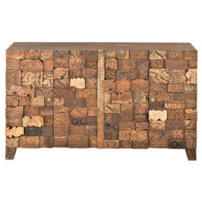 70 Inch Rustic Hand Carved Stacked Wood Blocks 4 Door Farmhouse Sideboard Buffet