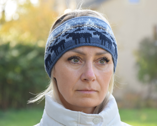 Men & Women Headband Blue Nordic Woolen Head Bandage With Fair Isle Icelandic Pattern Jacquard Ear Warmer For Skiing Reindeer Woollana