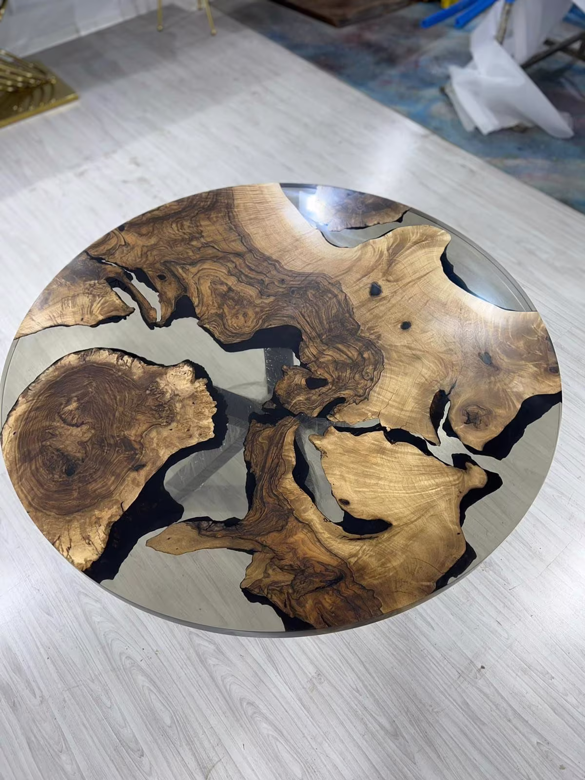 Epoxy Coffee Table, Custom 50" Diameter Round Walnut Wood Smokey Gray Resin Order For Julie