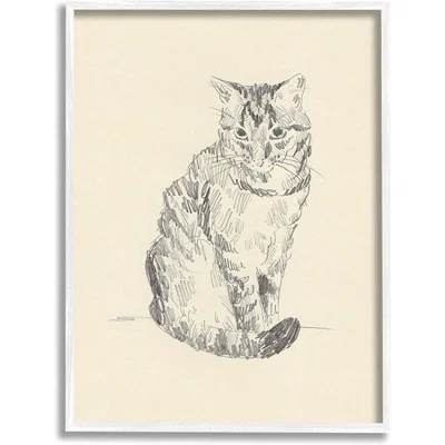 House Cat Pet Portrait Pencil Sketch Traditional Illustration, White Framed Wall Art, 24 X 30,_Yellow