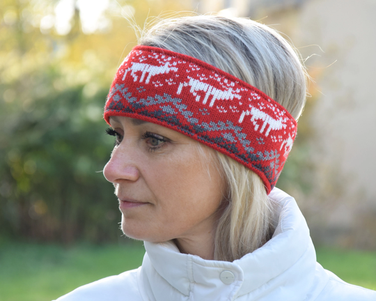 Men & Women Headband Nordic Woolen Head Bandage With Fair Isle Icelandic Pattern Red Jacquard Ear Warmer For Skiing Reindeer Woollana